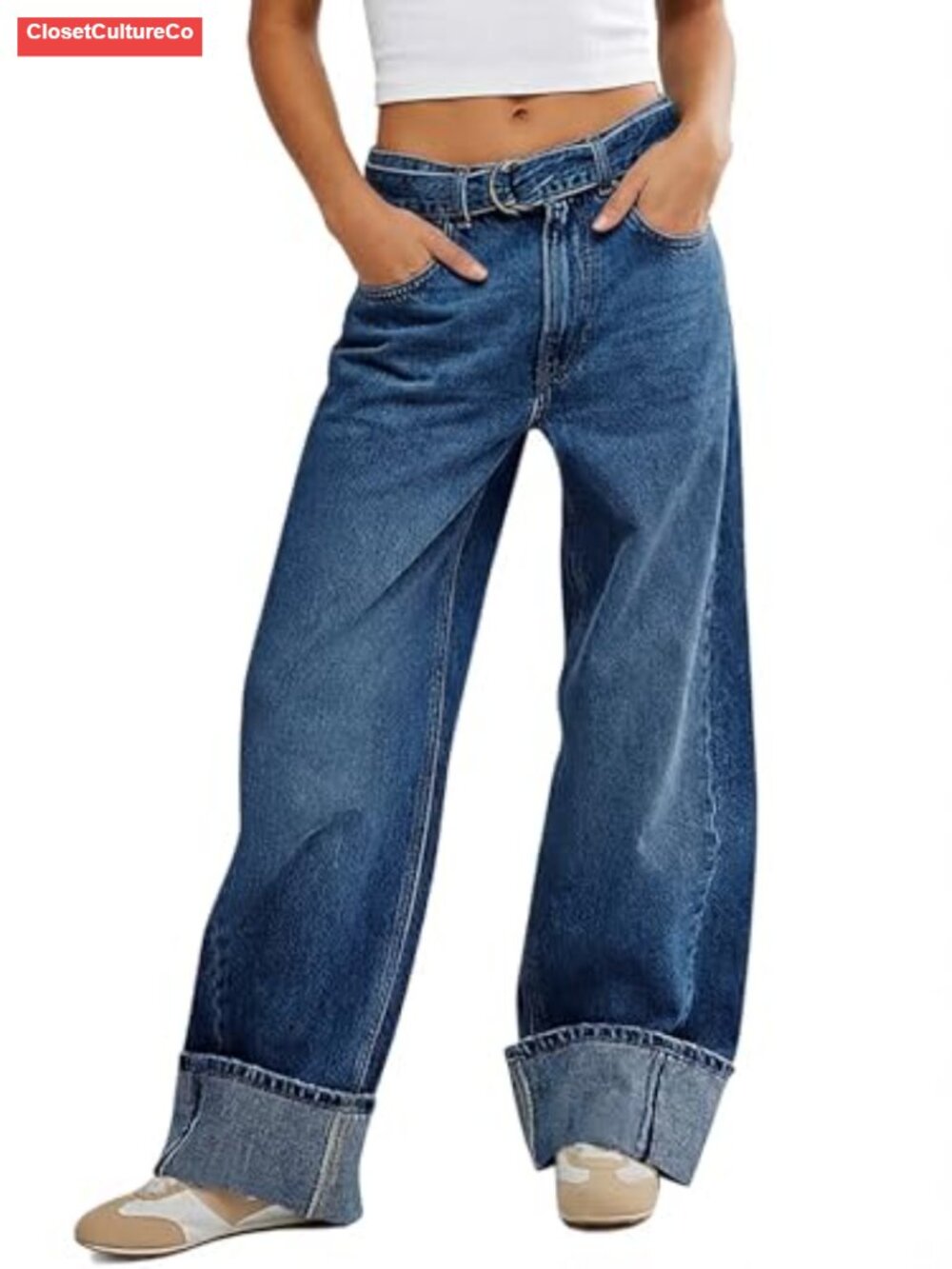 Wide Leg Cuffed Jeans High Waisted Baggy Denim Pants
